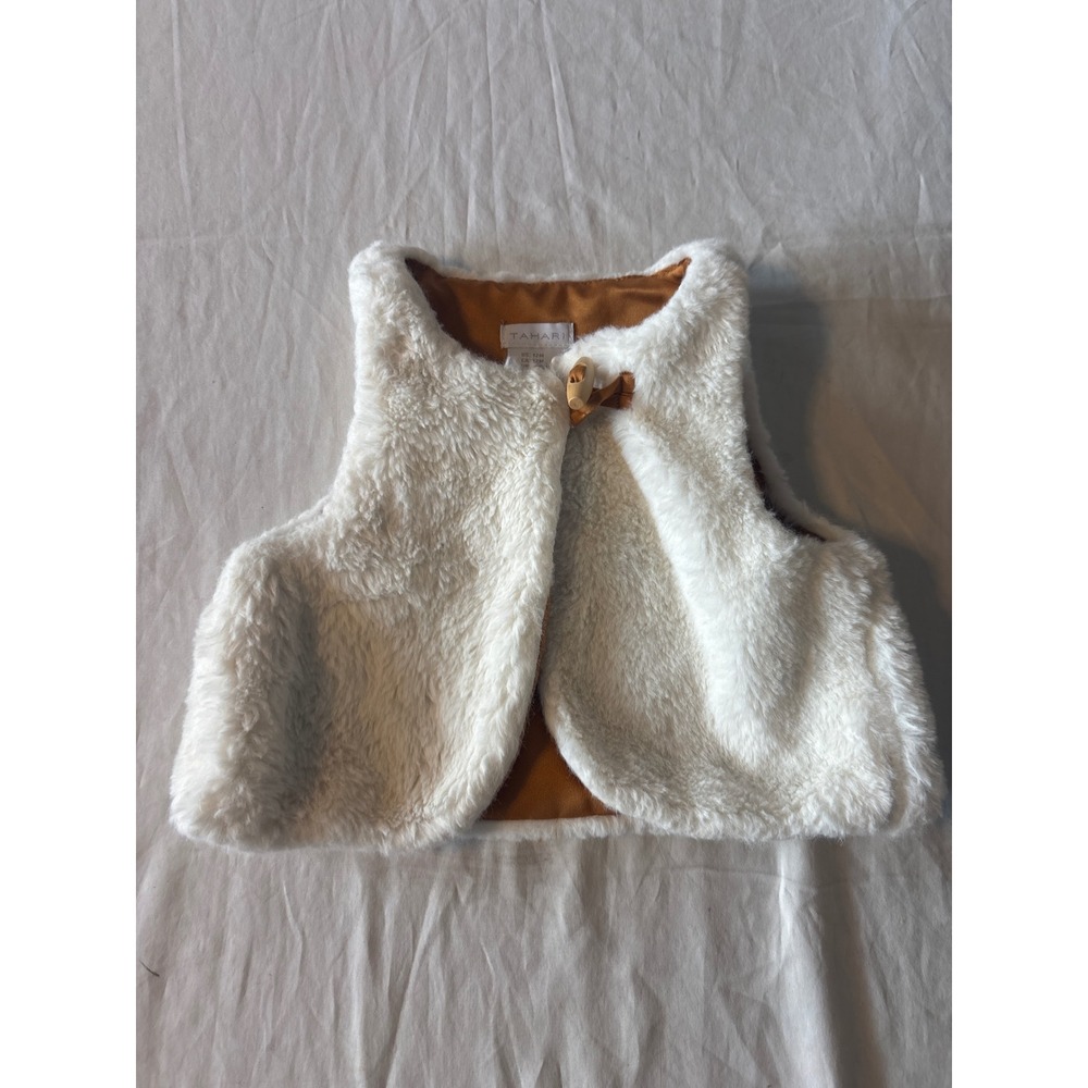 Tahari Faux Fur Vest Baby 12M White Excellent Toggle Button Gold Lining